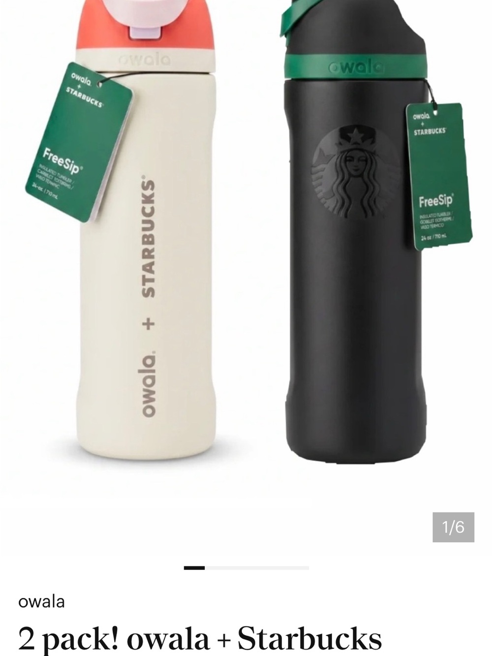 Starbucks owala 2-Pack FreeSip Bottles in Black & Cream with Coral Accents
